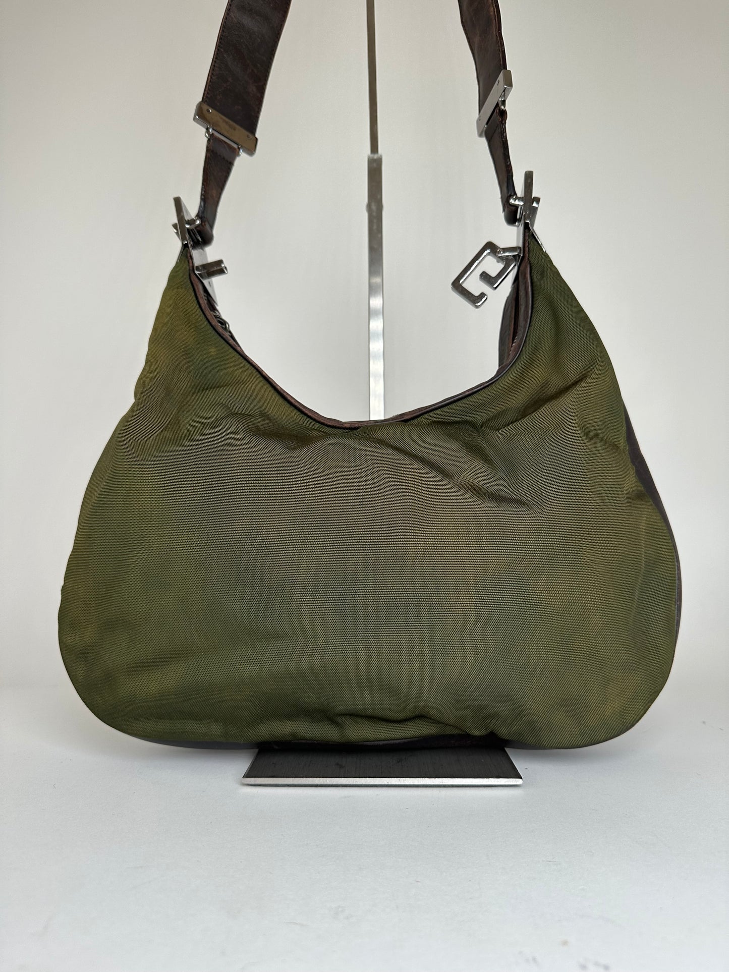 Vintage Gucci Canvas Leather Hobo Shoulder Bag Olive Green Brown