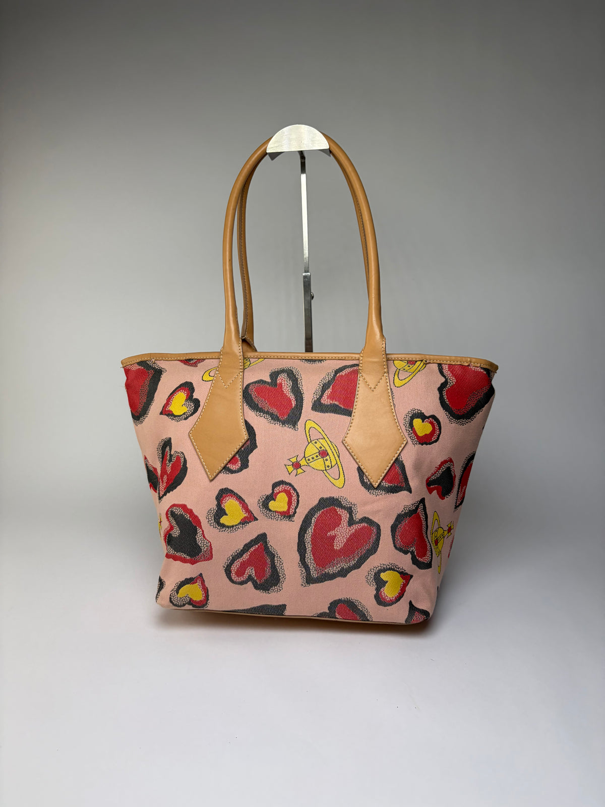 Vintage Vivienne Westwood Heart Print Canvas Tote Pink Red
