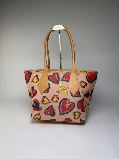 Vintage Vivienne Westwood Heart Print Canvas Tote Pink Red