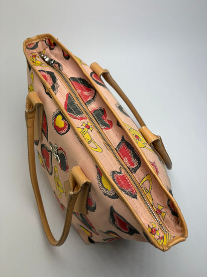 Vintage Vivienne Westwood Heart Print Canvas Tote Pink Red