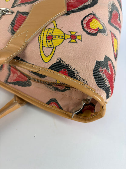 Vintage Vivienne Westwood Heart Print Canvas Tote Pink Red