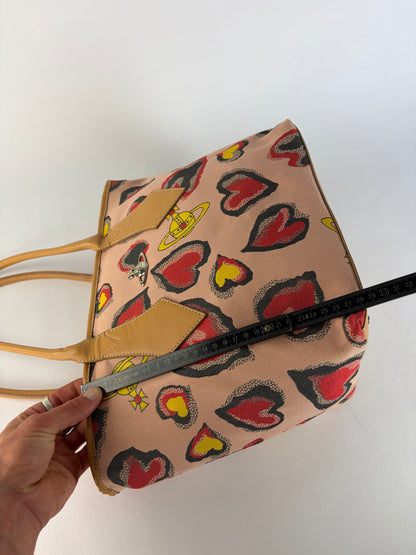 Vintage Vivienne Westwood Heart Print Canvas Tote Pink Red