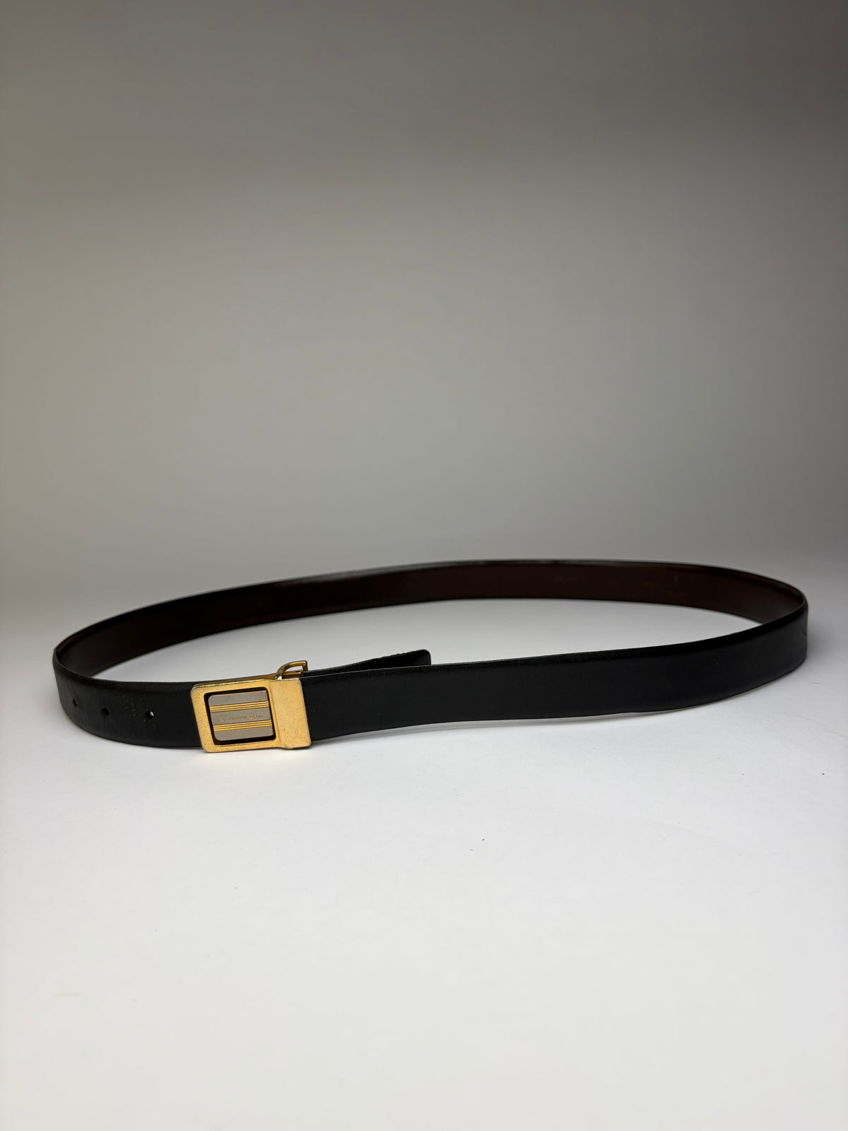 Vintage Dior Leather Belt Gold Buckle c. Late 1980s Black