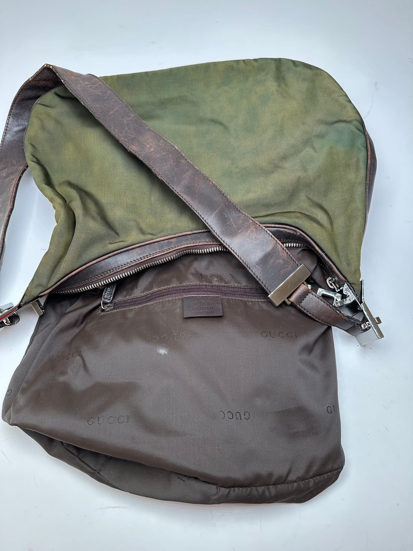 Vintage Gucci Canvas Leather Hobo Shoulder Bag Olive Green Brown