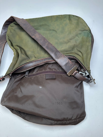 Vintage Gucci Canvas Leather Hobo Shoulder Bag Olive Green Brown