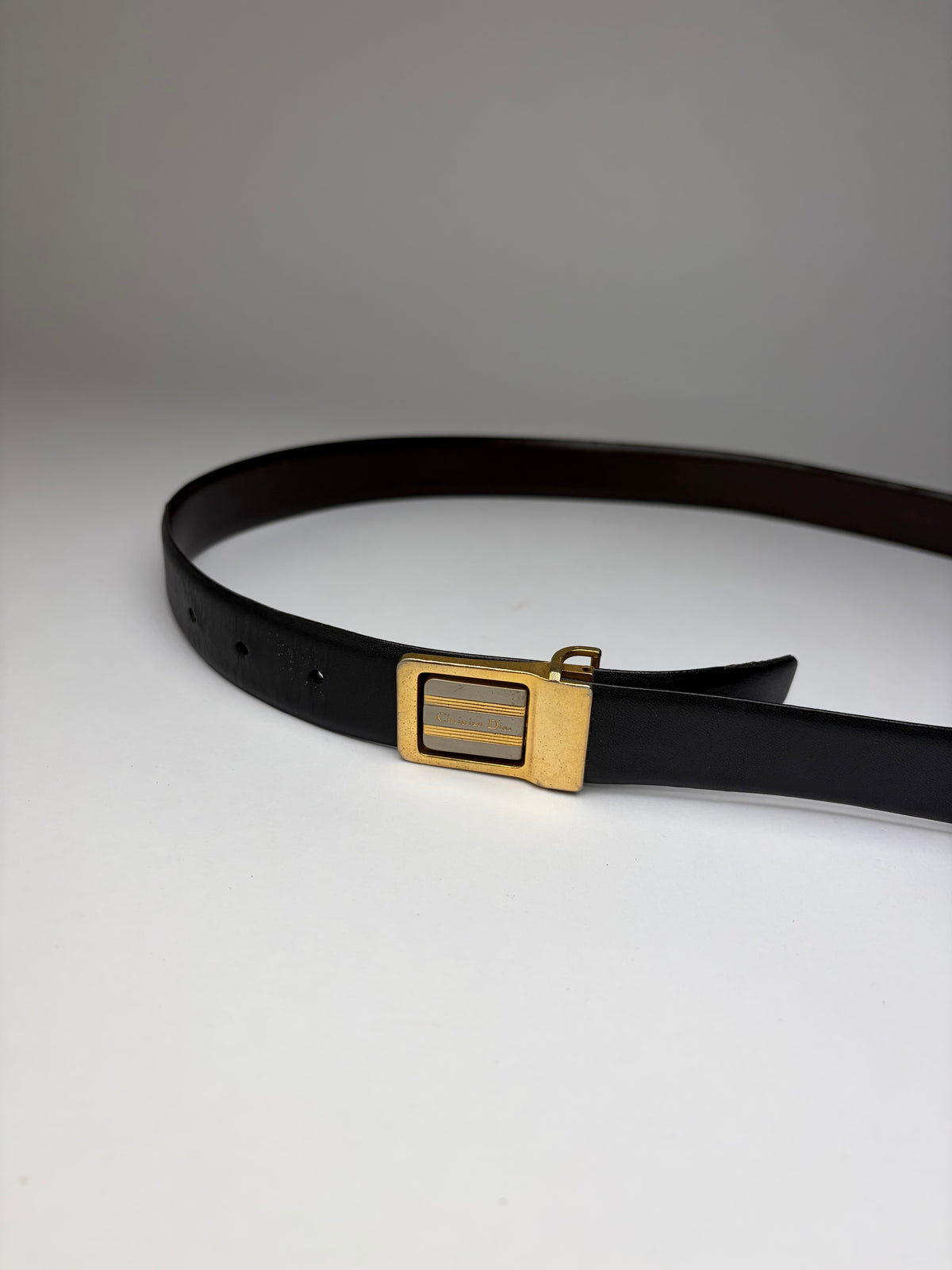 Vintage Dior Leather Belt Gold Buckle c. Late 1980s Black