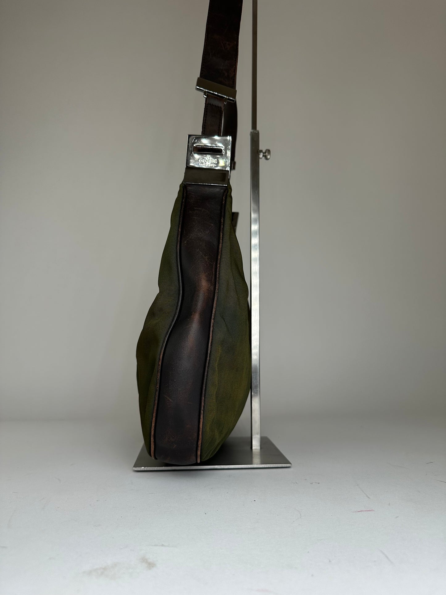 Vintage Gucci Canvas Leather Hobo Shoulder Bag Olive Green Brown