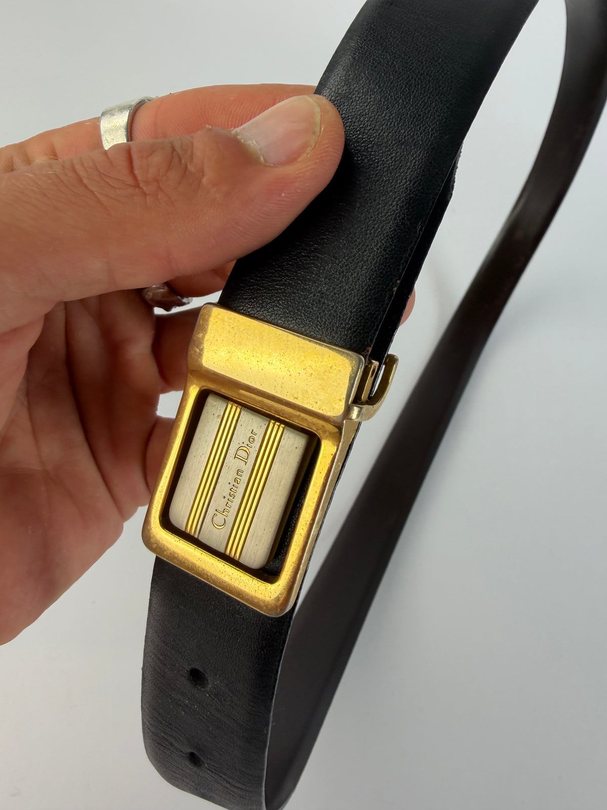 Vintage Dior Leather Belt Gold Buckle c. Late 1980s Black