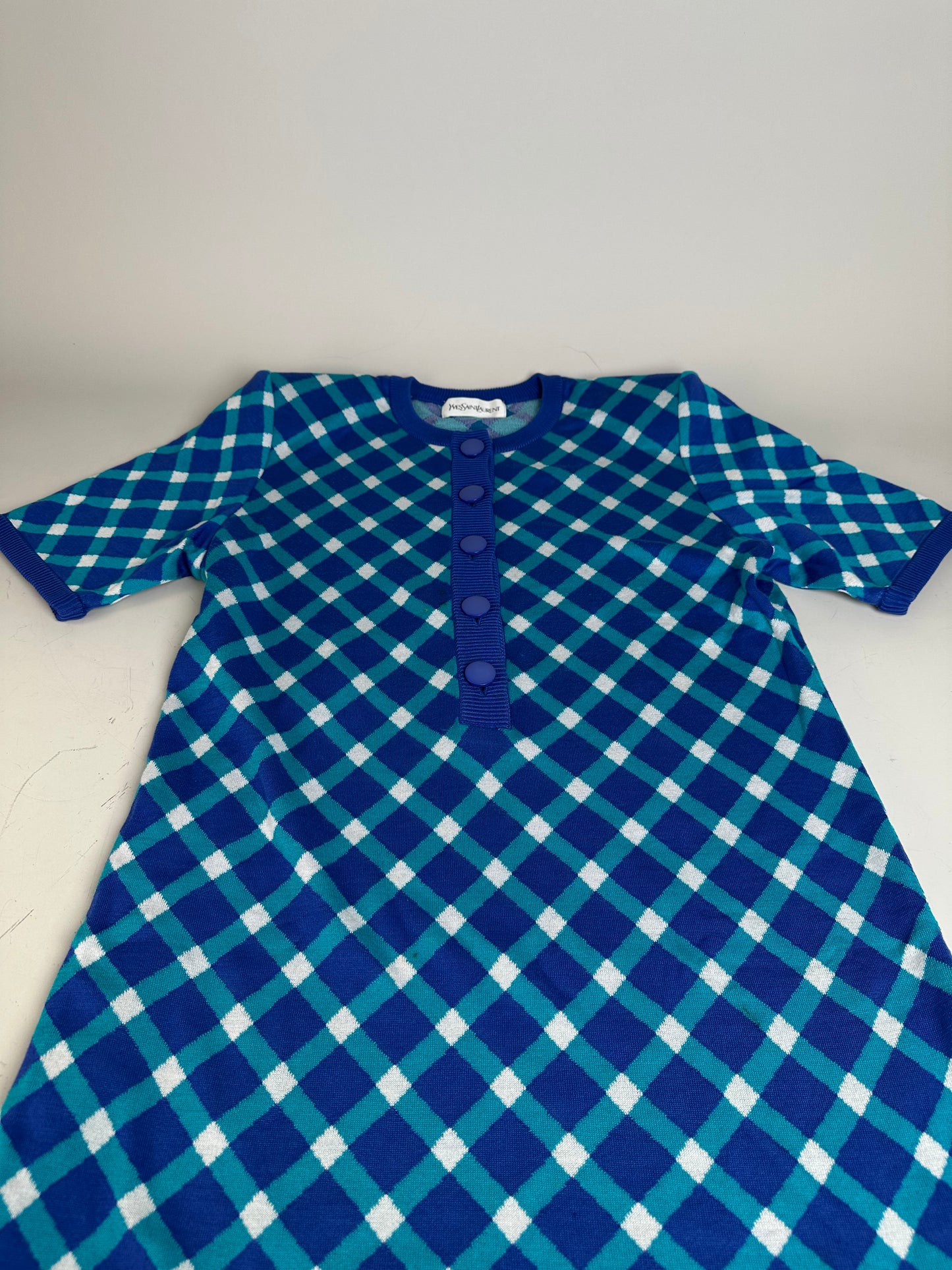 Vintage Yves Saint Laurent Knitted Dress Blue Turquoise White M