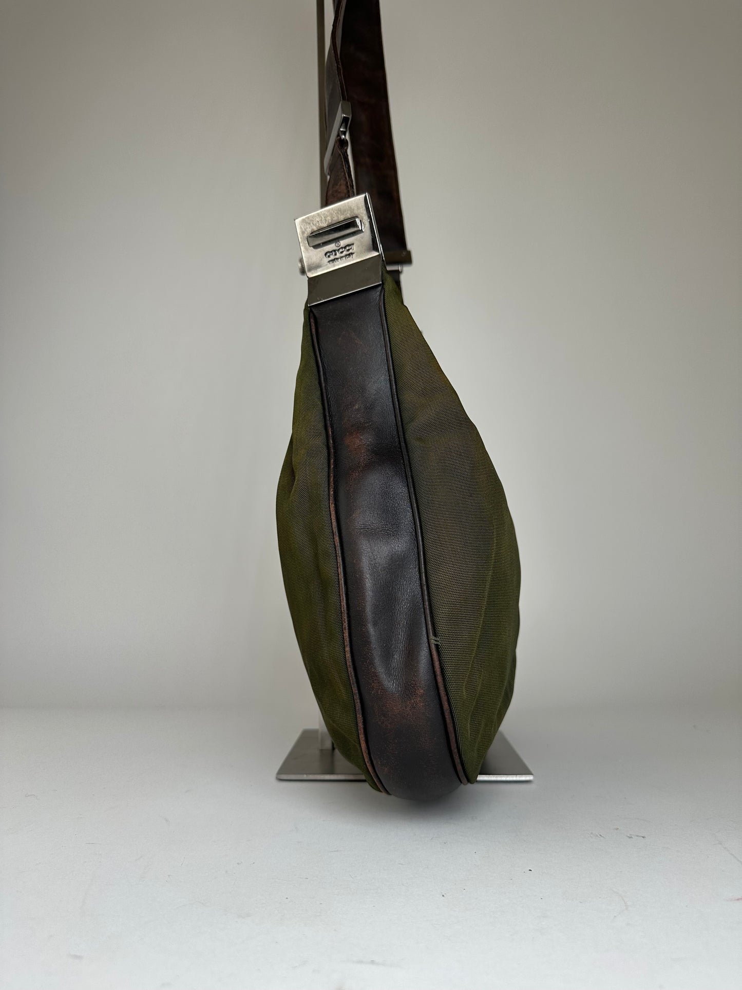 Vintage Gucci Canvas Leather Hobo Shoulder Bag Olive Green Brown