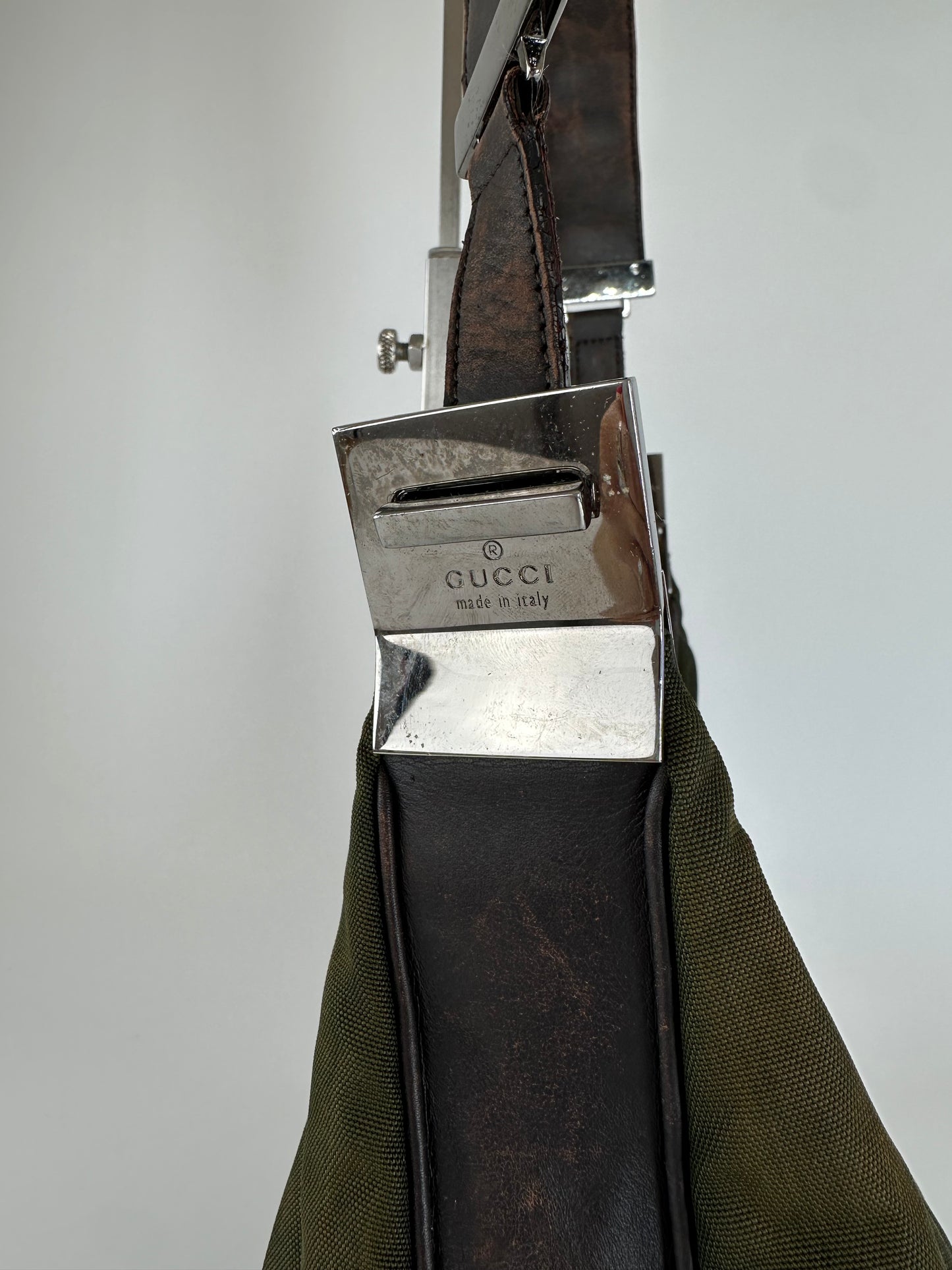 Vintage Gucci Canvas Leather Hobo Shoulder Bag Olive Green Brown