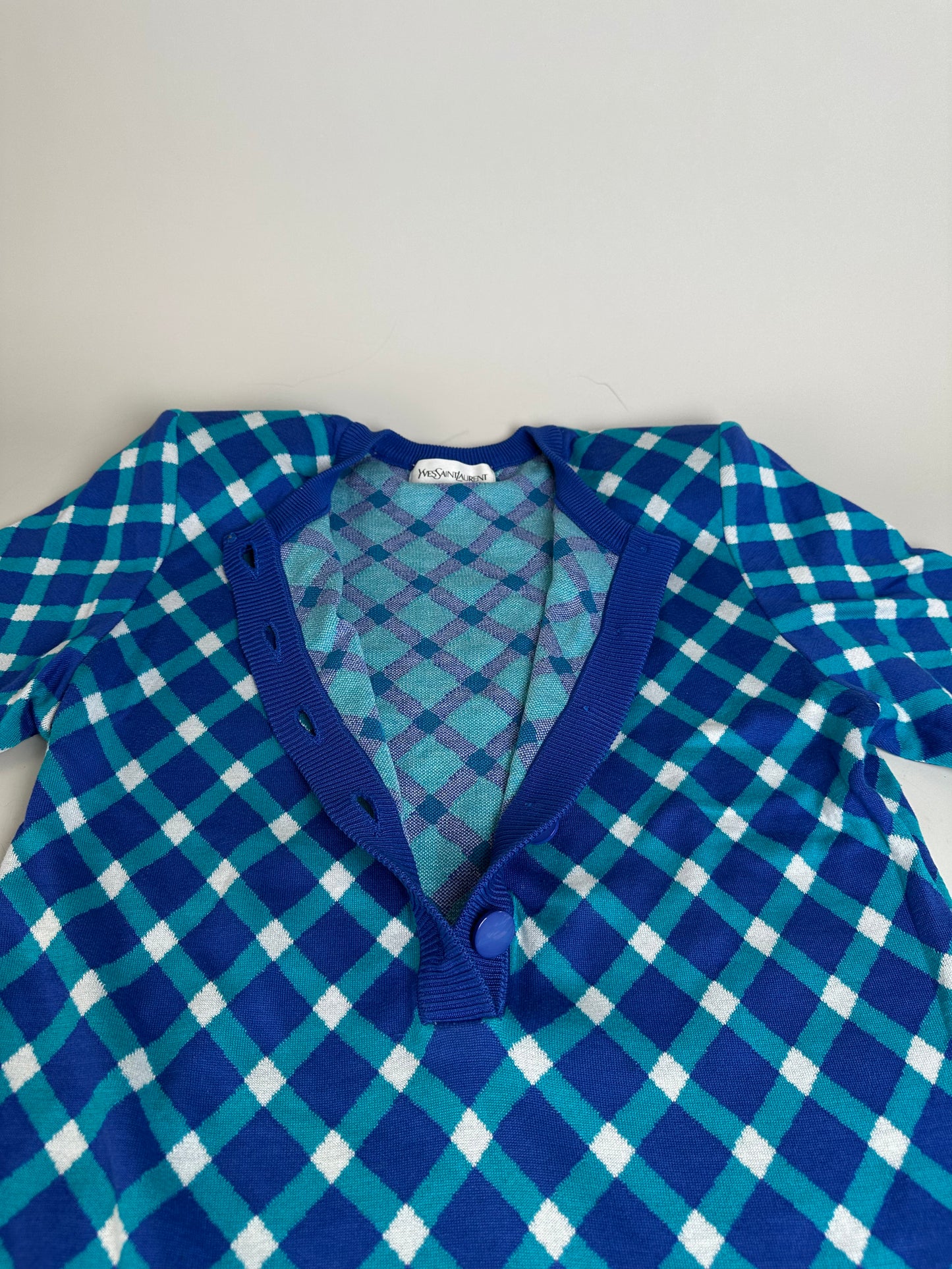 Vintage Yves Saint Laurent Knitted Dress Blue Turquoise White M