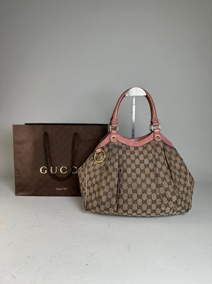 Vintage Gucci GG Supreme Shoulder Bag Beige Brown Gold