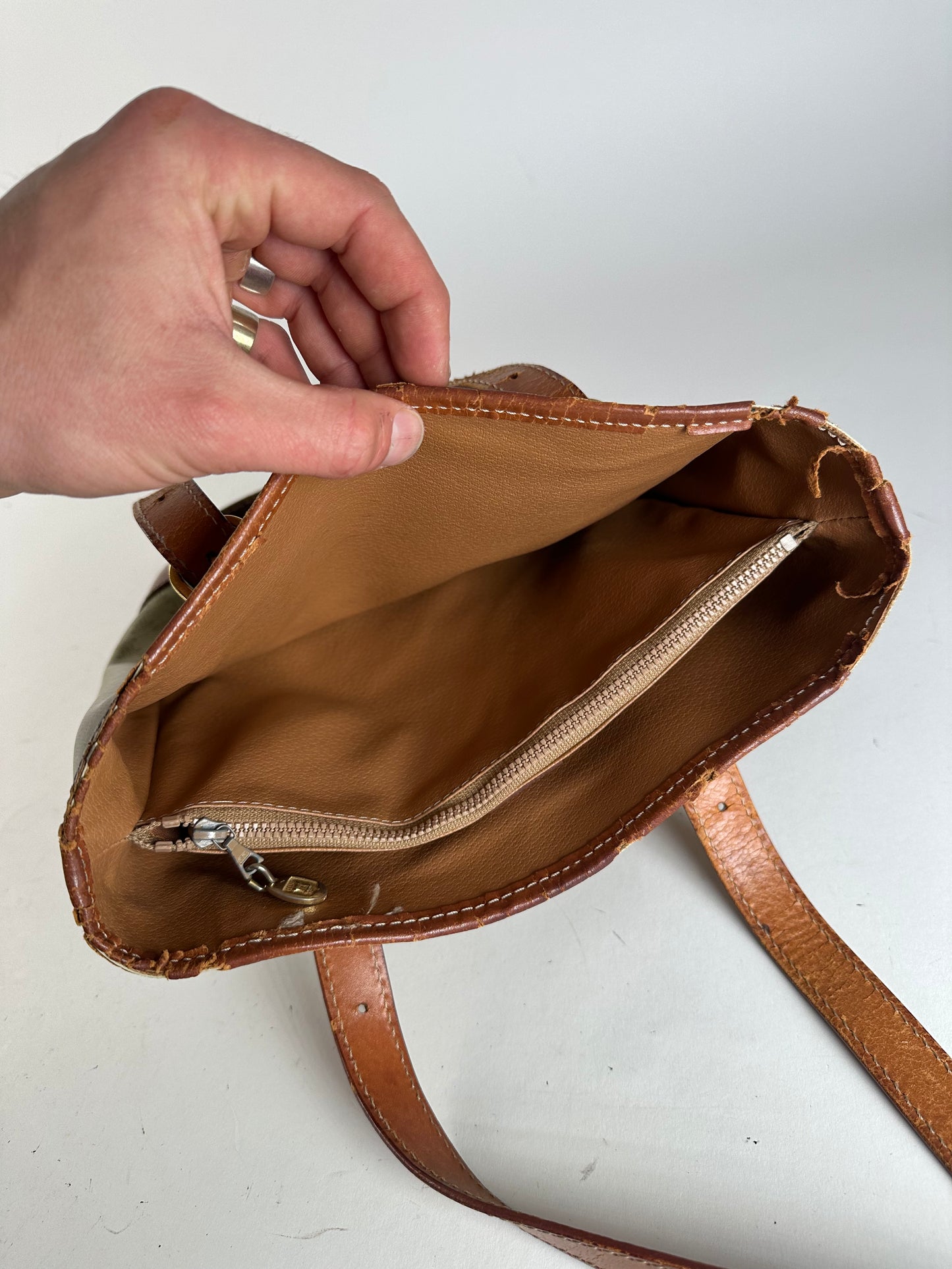 Vintage Celine Paris Triomphe Monogram Leather Bucket Bag Brown Green