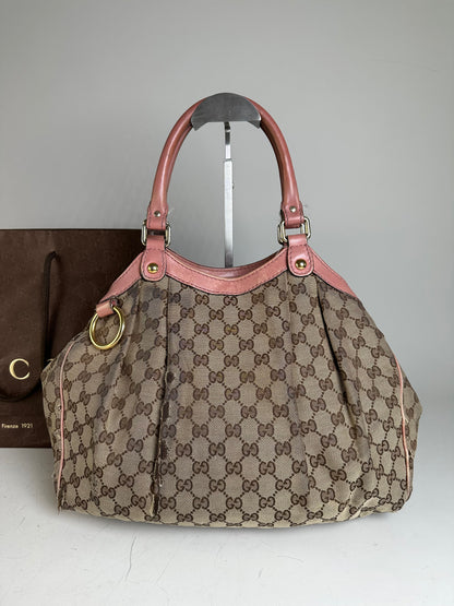Vintage Gucci GG Supreme Shoulder Bag Beige Brown Gold