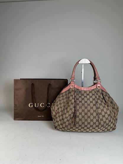 Vintage Gucci GG Supreme Shoulder Bag Beige Brown Gold