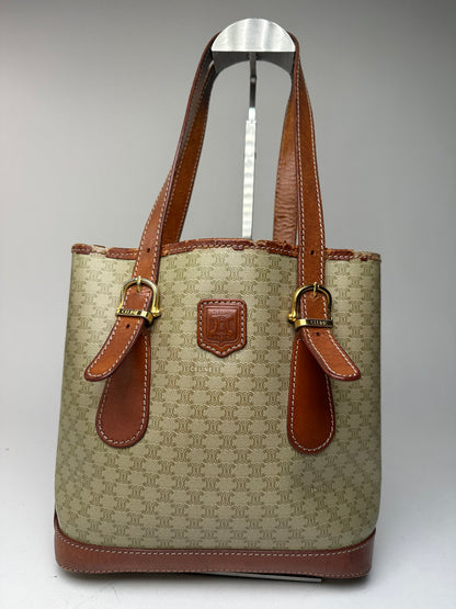 Vintage Celine Paris Triomphe Monogram Leather Bucket Bag Brown Green