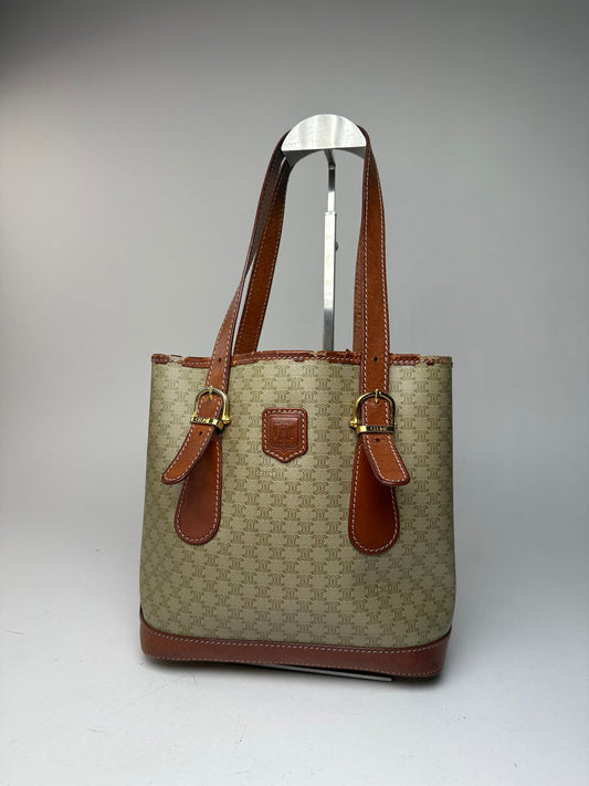 Vintage Celine Paris Triomphe Monogram Leather Bucket Bag Brown Green