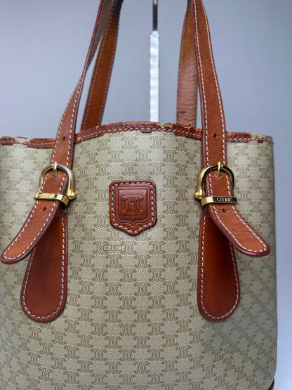Vintage Celine Paris Triomphe Monogram Leather Bucket Bag Brown Green