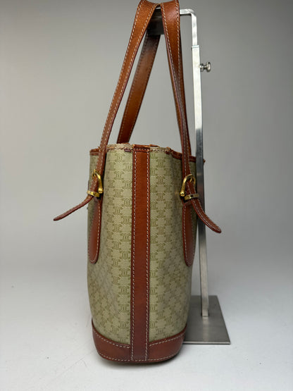 Vintage Celine Paris Triomphe Monogram Leather Bucket Bag Brown Green