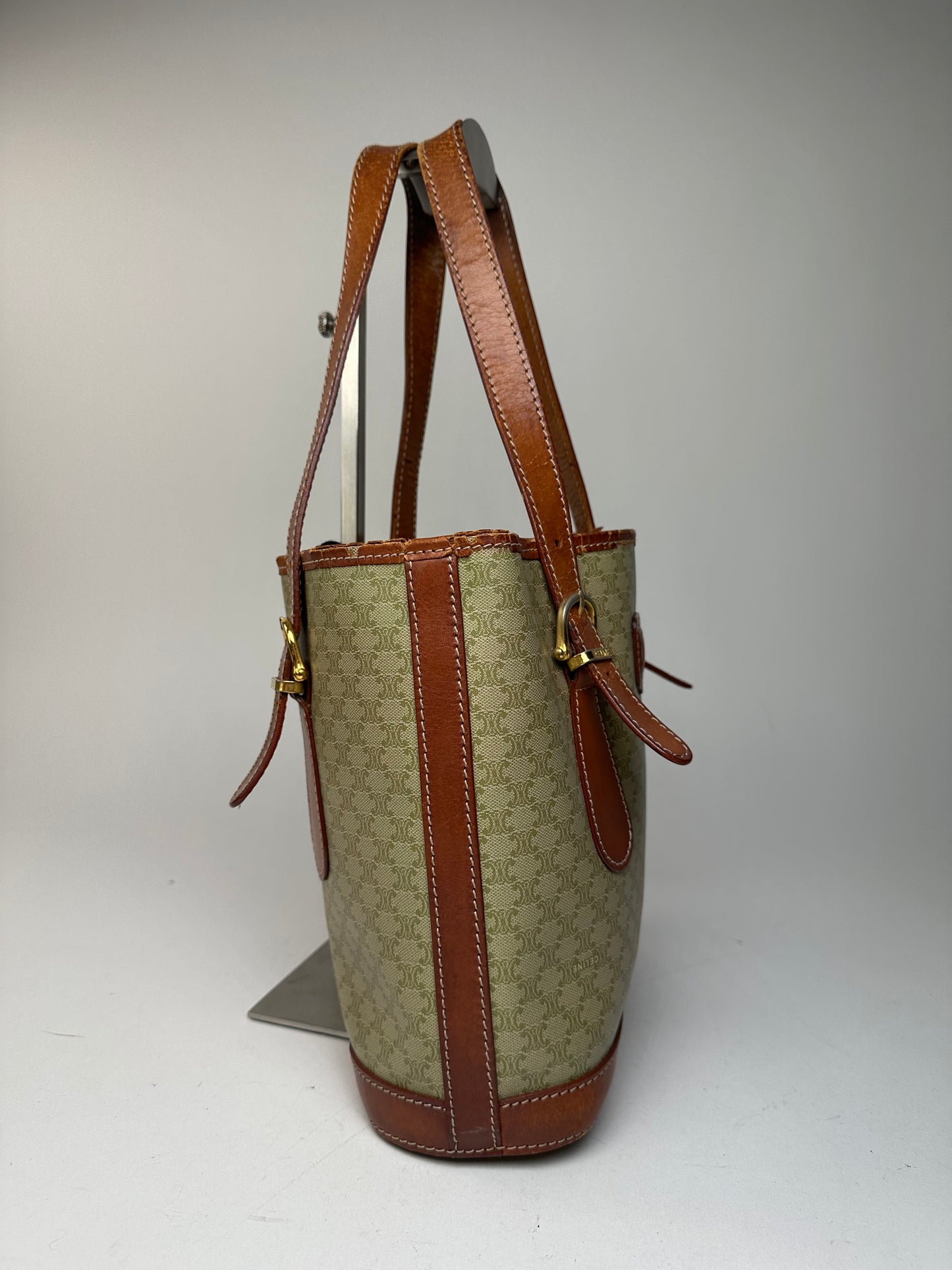 Vintage Celine Paris Triomphe Monogram Leather Bucket Bag Brown Green