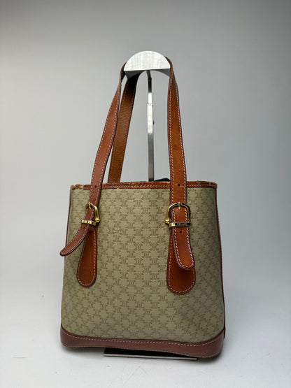Vintage Celine Paris Triomphe Monogram Leather Bucket Bag Brown Green