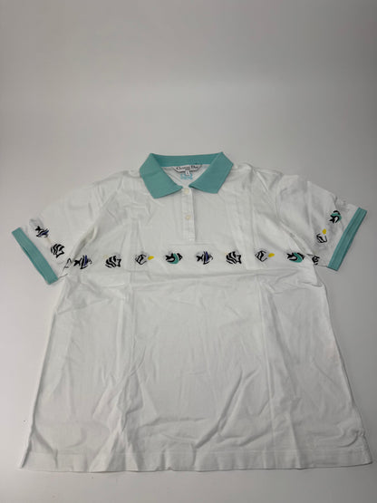 Vintage Dior Fish Polo White Turquoise L