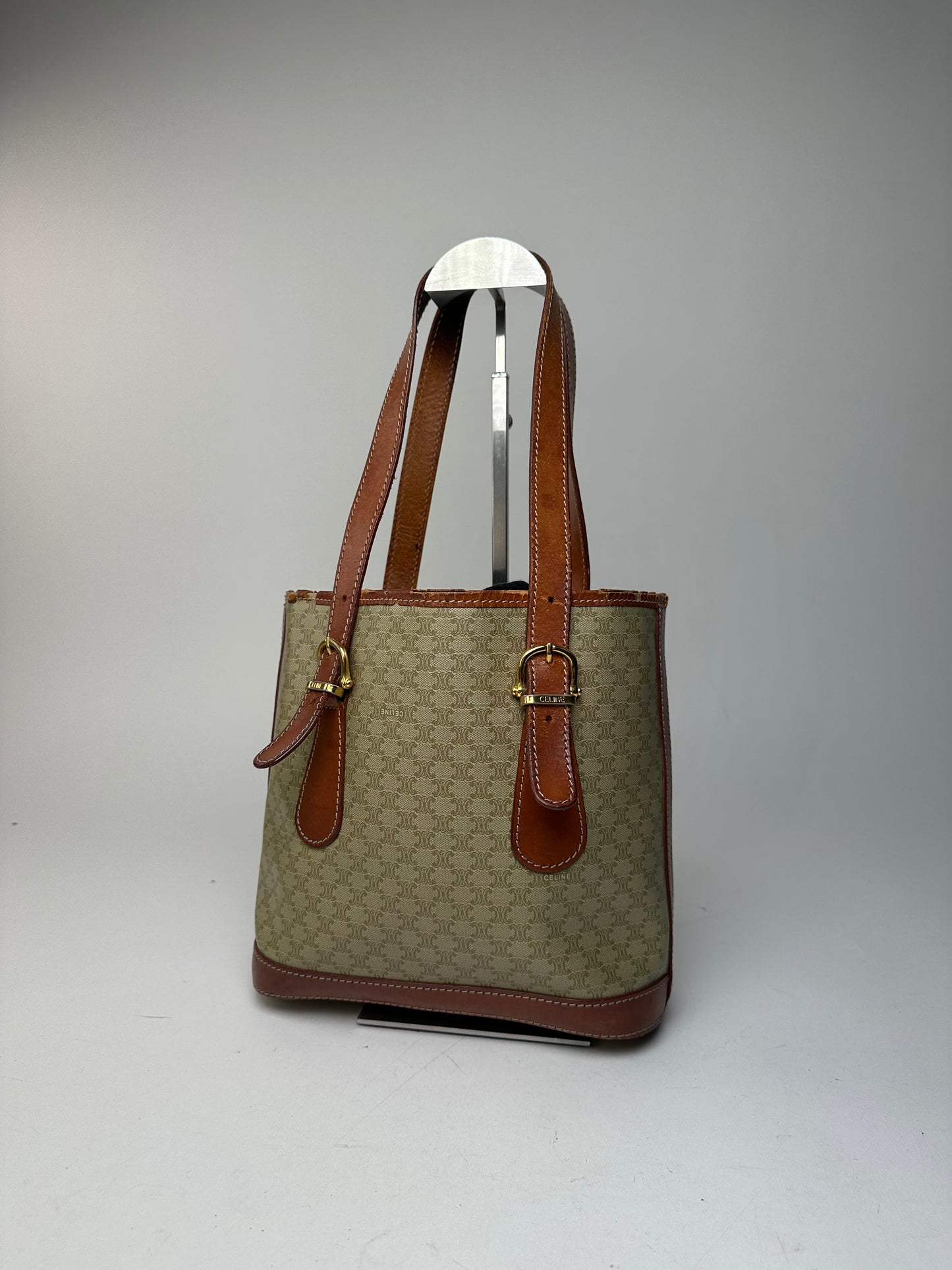 Vintage Celine Paris Triomphe Monogram Leather Bucket Bag Brown Green