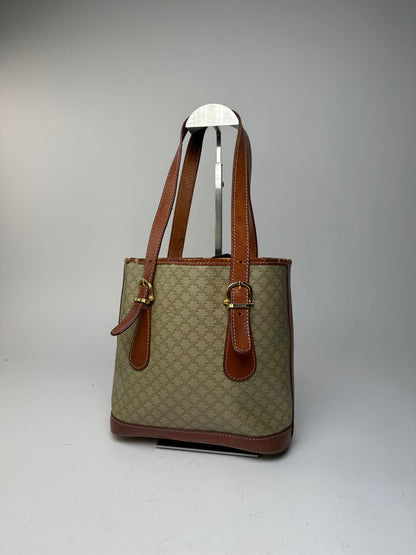 Vintage Celine Paris Triomphe Monogram Leather Bucket Bag Brown Green