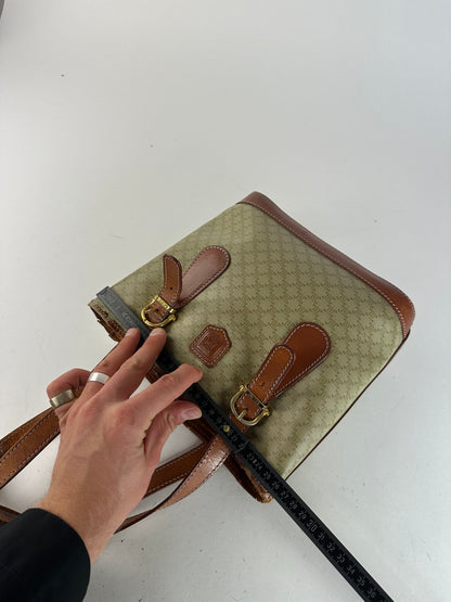 Vintage Celine Paris Triomphe Monogram Leather Bucket Bag Brown Green