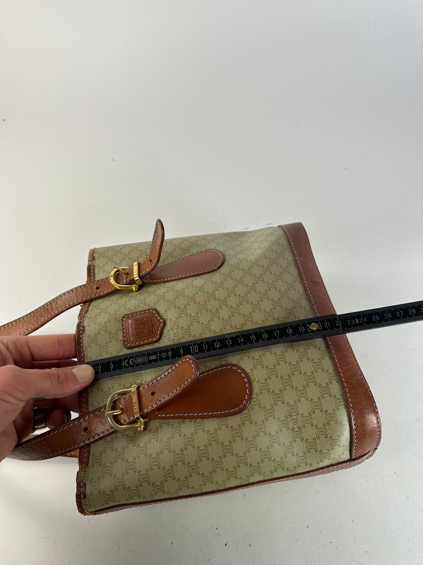 Vintage Celine Paris Triomphe Monogram Leather Bucket Bag Brown Green