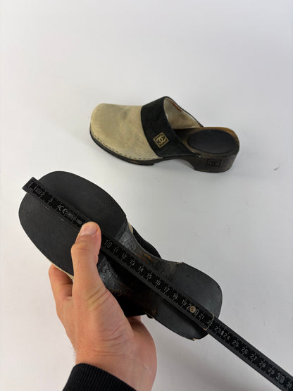 Vintage Chanel Clog Heeled Mules Late 1990s Beige Black EU36