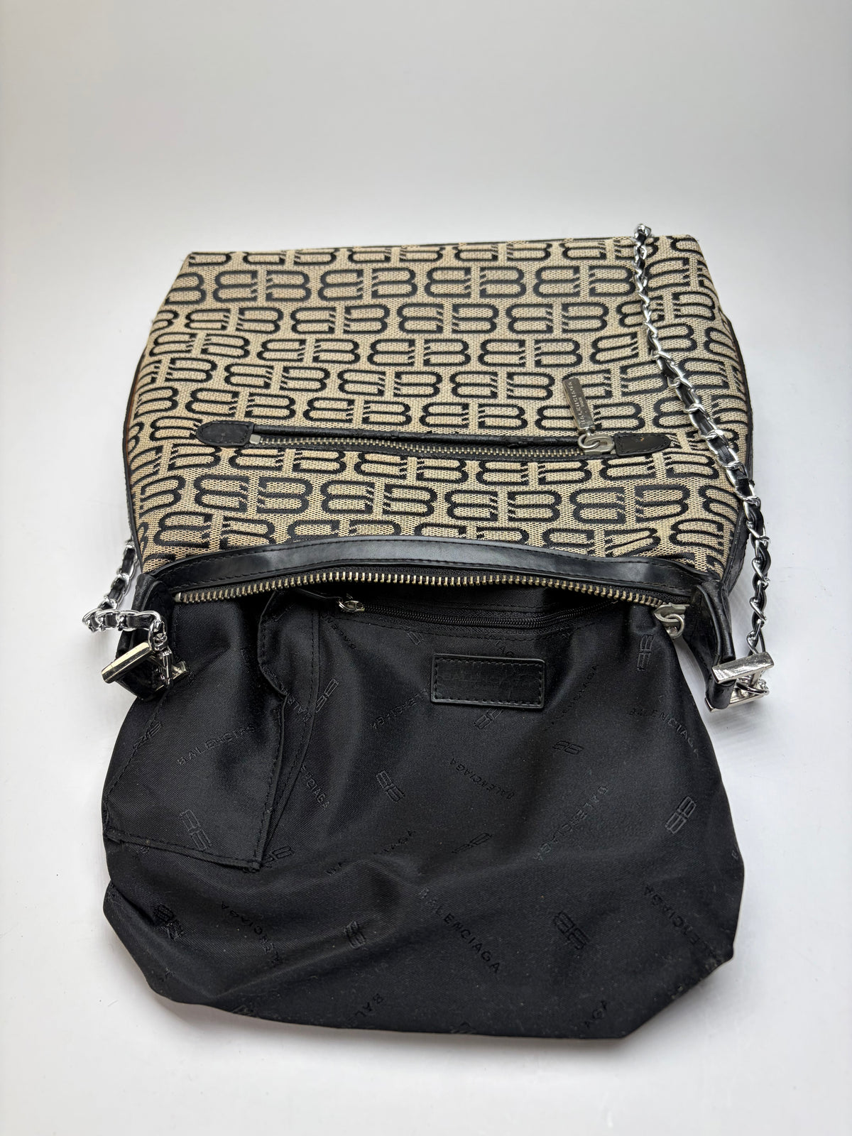 Vintage Balenciaga BB Monogram Flap Crossbody Bag Late 2010s Beige Black
