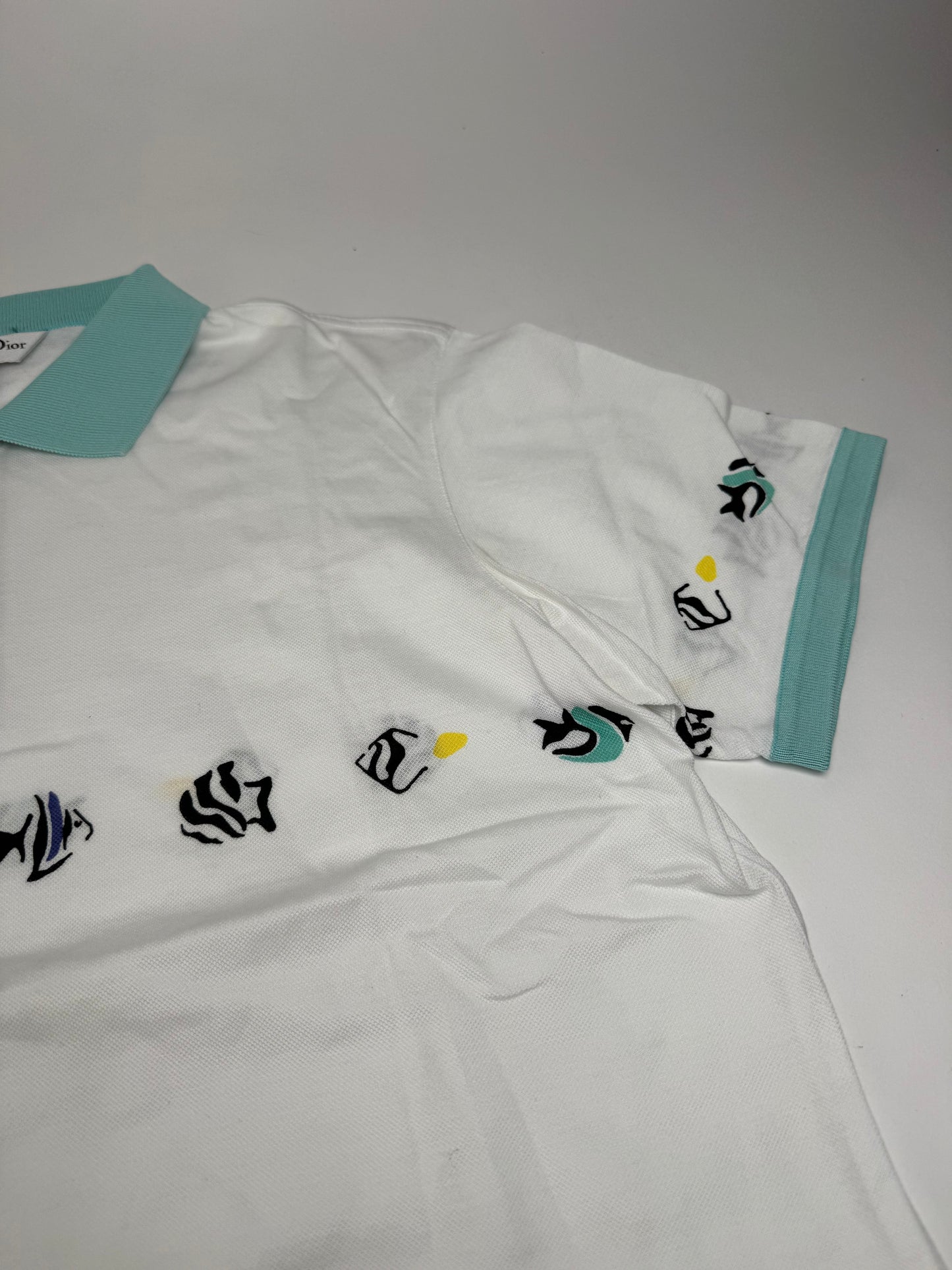 Vintage Dior Fish Polo White Turquoise L