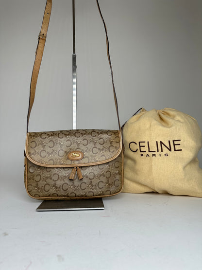 Vintage Celine Paris C Macadam Monogram Coated Canvas Shoulder Bag Beige Brown