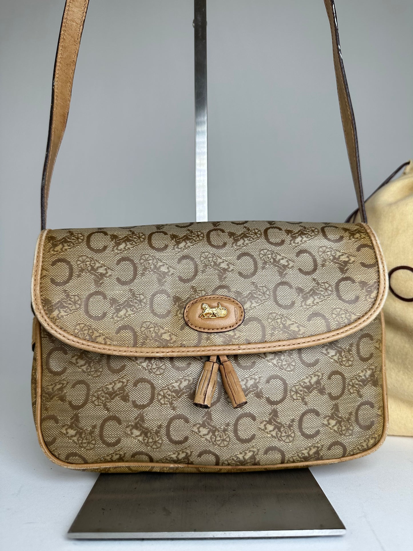Vintage Celine Paris C Macadam Monogram Coated Canvas Shoulder Bag Beige Brown