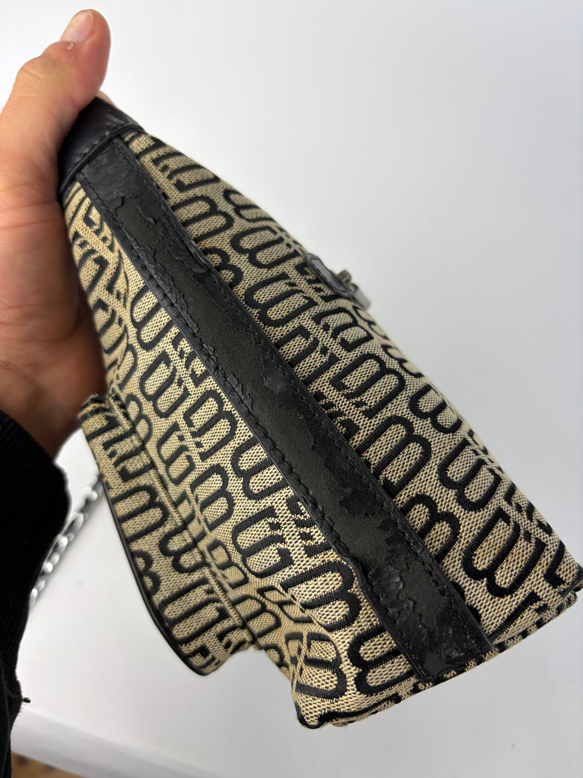 Vintage Balenciaga BB Monogram Flap Crossbody Bag Late 2010s Beige Black