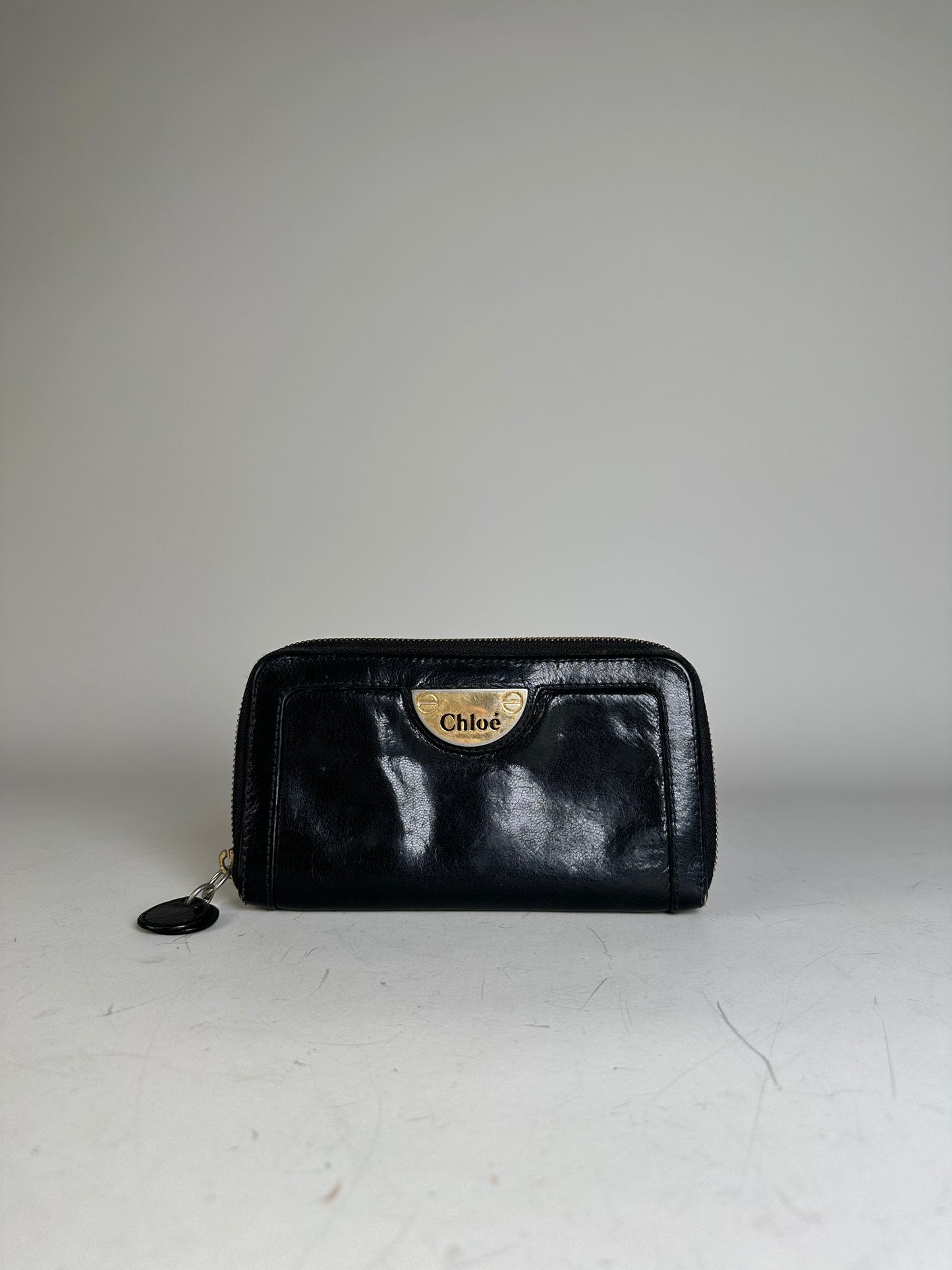 Vintage Chloe Leather Wallet Black Gold-tone