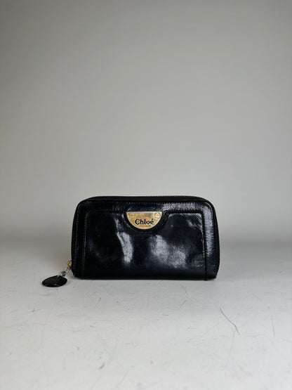 Vintage Chloe Leather Wallet Black Gold-tone