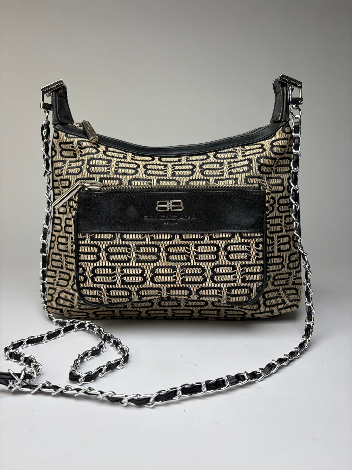 Vintage Balenciaga BB Monogram Flap Crossbody Bag Late 2010s Beige Black