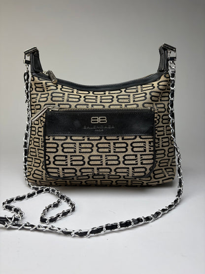 Vintage Balenciaga BB Monogram Flap Crossbody Bag Late 2010s Beige Black