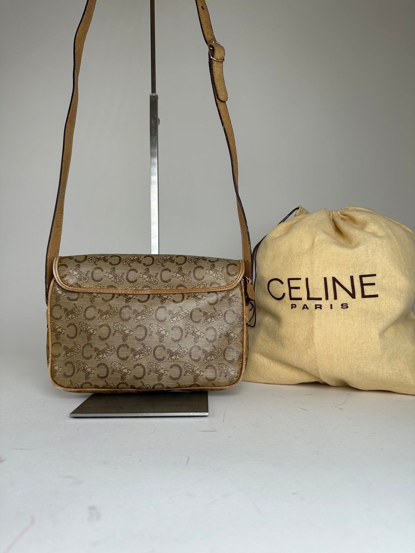 Vintage Celine Paris C Macadam Monogram Coated Canvas Shoulder Bag Beige Brown
