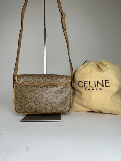 Vintage Celine Paris C Macadam Monogram Coated Canvas Shoulder Bag Beige Brown