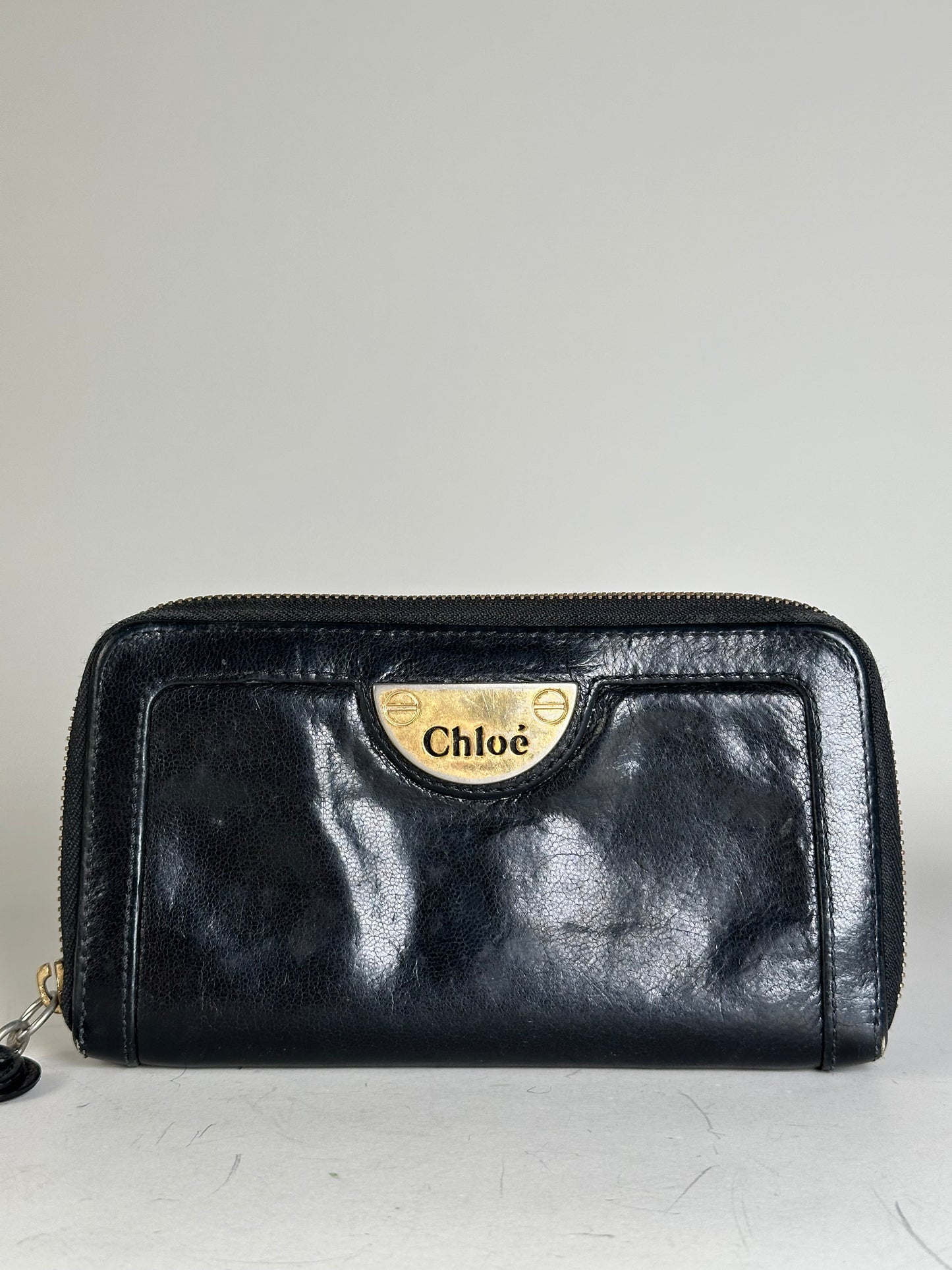 Vintage Chloe Leather Wallet Black Gold-tone