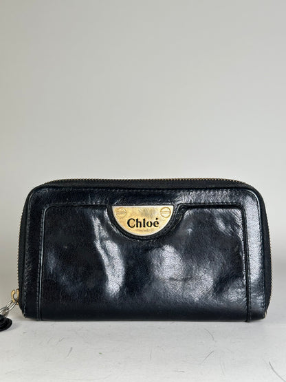 Vintage Chloe Leather Wallet Black Gold-tone