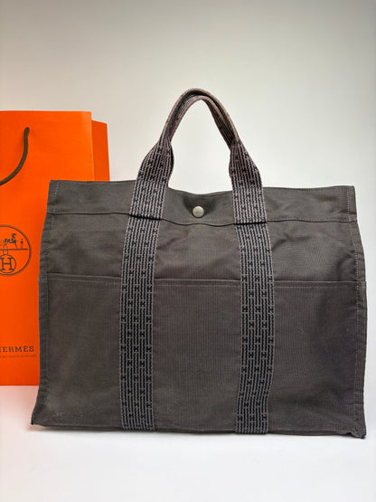 Vintage Hermes Hermès Herline Canvas Tote Dark Grey Black