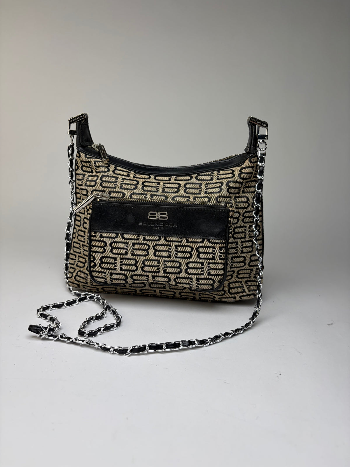 Vintage Balenciaga BB Monogram Flap Crossbody Bag Late 2010s Beige Black