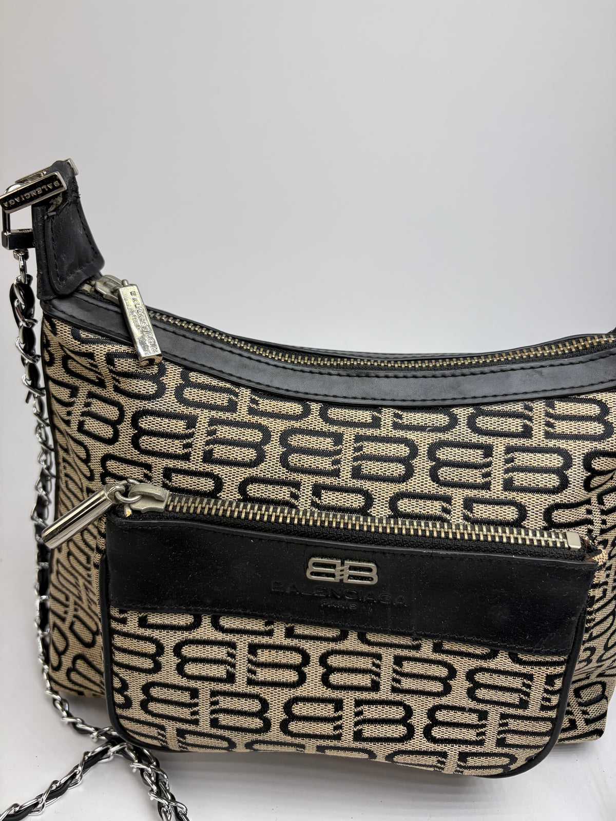 Vintage Balenciaga BB Monogram Flap Crossbody Bag Late 2010s Beige Black