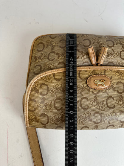Vintage Celine Paris C Macadam Monogram Coated Canvas Shoulder Bag Beige Brown