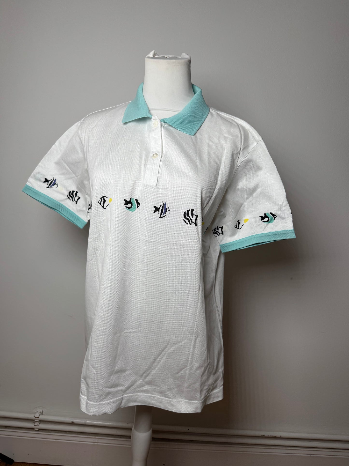 Vintage Dior Fish Polo White Turquoise L